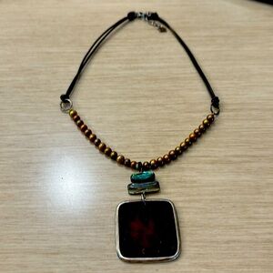 Silpada Pearl Abalone 925 Sterling Silver Leather Pendant Necklace